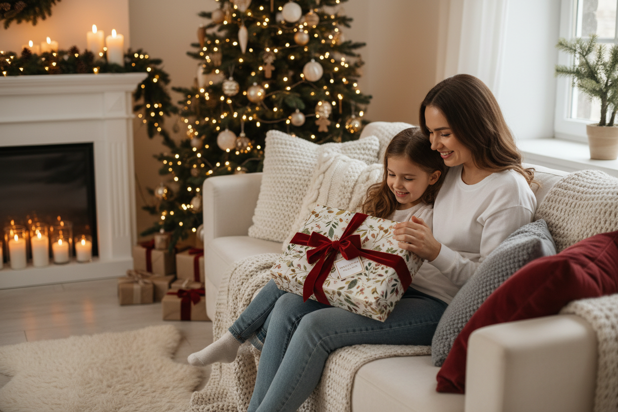 gör en julig bild med en kvinna och hennes dotter som sitter och myser i soffan med ett paket